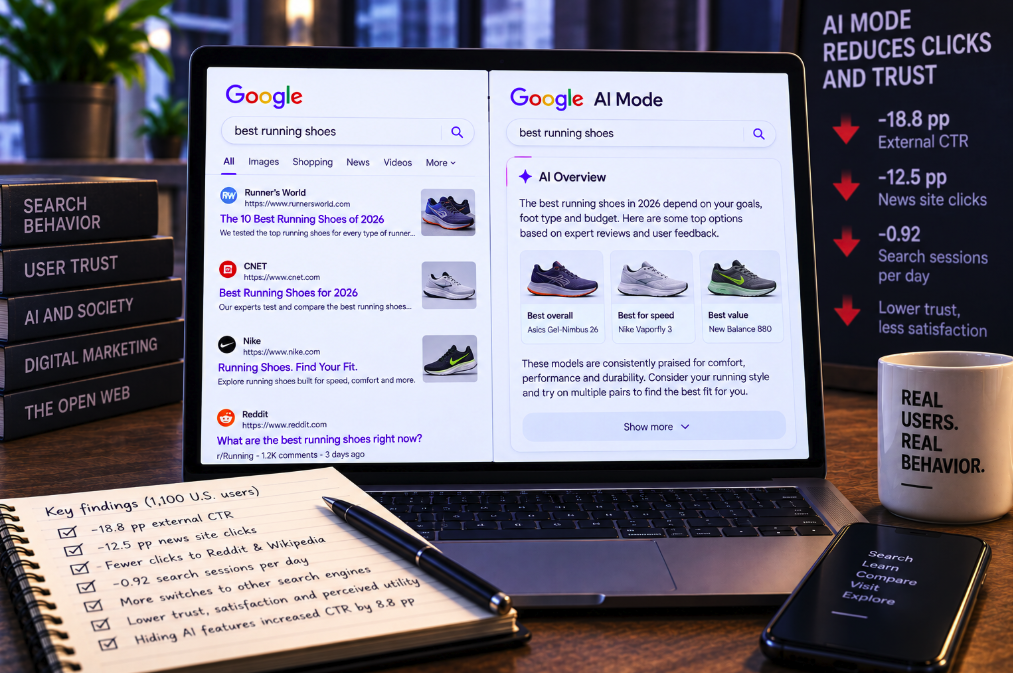 A Randomized Google Search Experiment Found AI Mode Cut External CTR by 18.8 Points—and Reduced User Trust