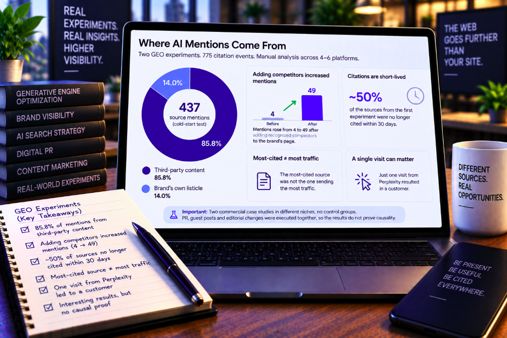 In Two GEO Experiments, Third-Party Pages Drove 86% of Brand Mentions—and the Most-Cited Source Wasn’t the One Sending Traffic