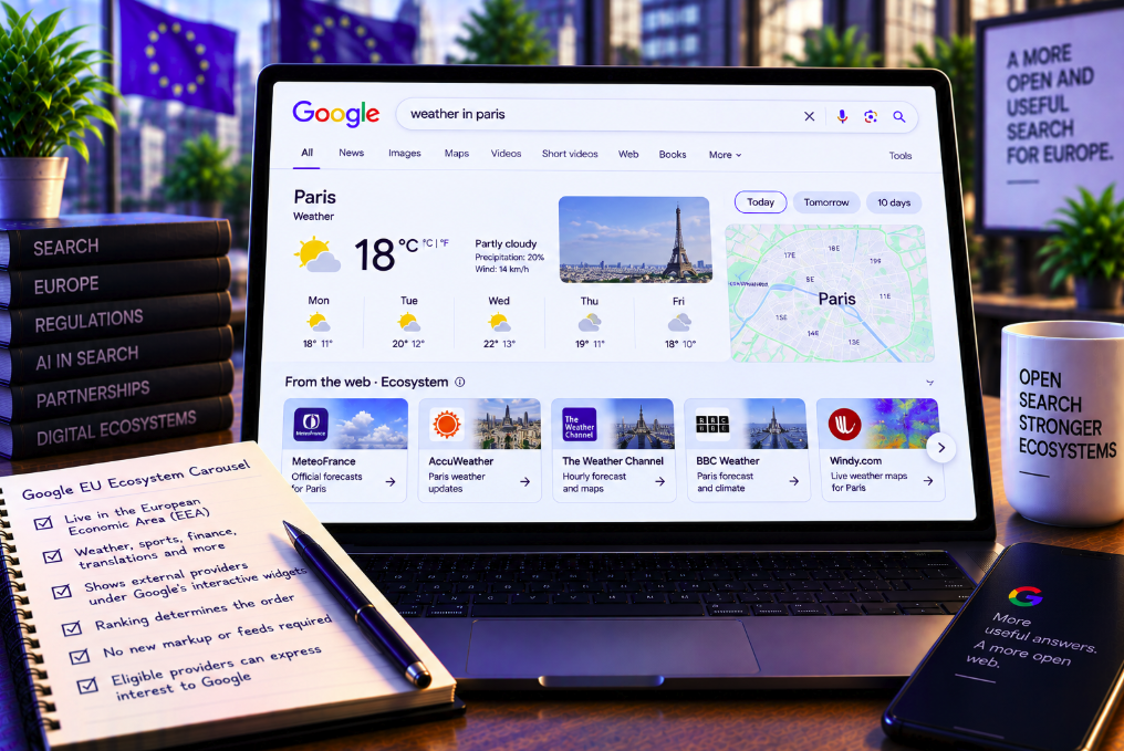 Google’s New EU Ecosystem Carousel Gives Weather, Finance, Sports and Translation Providers a Route Into Previously Closed Search Widgets