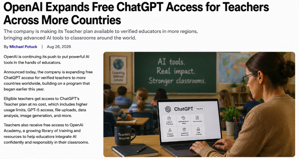 OpenAI Expands Free ChatGPT for Teachers to More Than 300,000 Educators